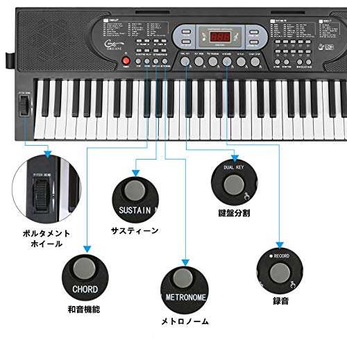 Hricane キーボード ピアノ 電子ピアノ 61鍵盤 200種類音色 200種類リズム 60曲デモ曲 LCDディスプレイ搭載 光る鍵盤 楽器 日本語パネル ヘッドフォン対応 子供 初心者 練習用 USBケーブルと日本語説明書付き (黒 Black)