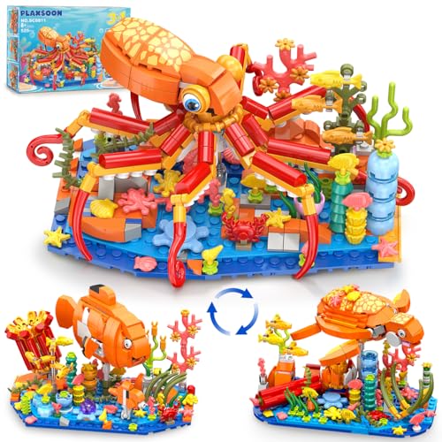 PLAXSOON 3 in 1 Animals Fish Turtle Octopus Building Set, Poseable Ocean Animal Building Block Toy for Office Home Decor, 525PCS Sea Creatures Kit, Birthday Gift for Adults Kids Boys Girls Ages 8-12+