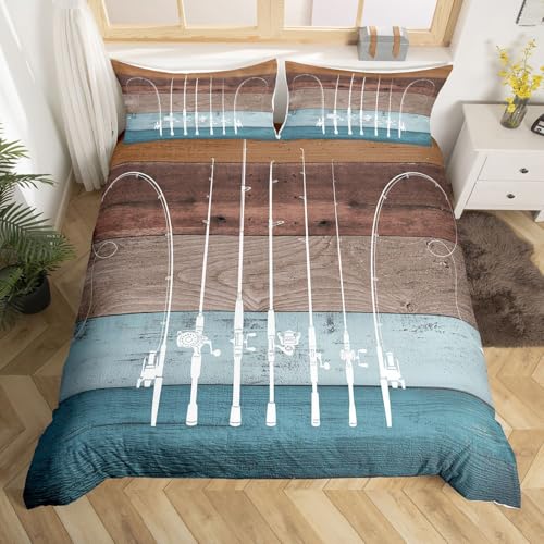 Fish Bedding Set Fishing Gifts for Men,Ice Fishing Gear Duvet Cover Fishing Comforter Cover Retro Watercolor Wood Fishhook Twin Bed Set,Angling Outdoor Sports Rustic Home Decor Gift for Fisherman