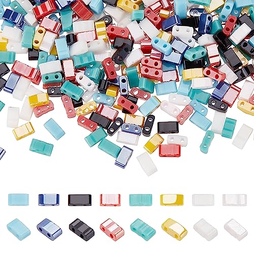 SUNNYCLUE 1 Box 800Pcs 8 Style 1/4 Tila Beads Double Hole Glass Beads Tile Bulk Glass Seed Mini Flat Spacer Loose for Jewelry Making DIY Craft Multi-Strand Embroidery Curtains Gift