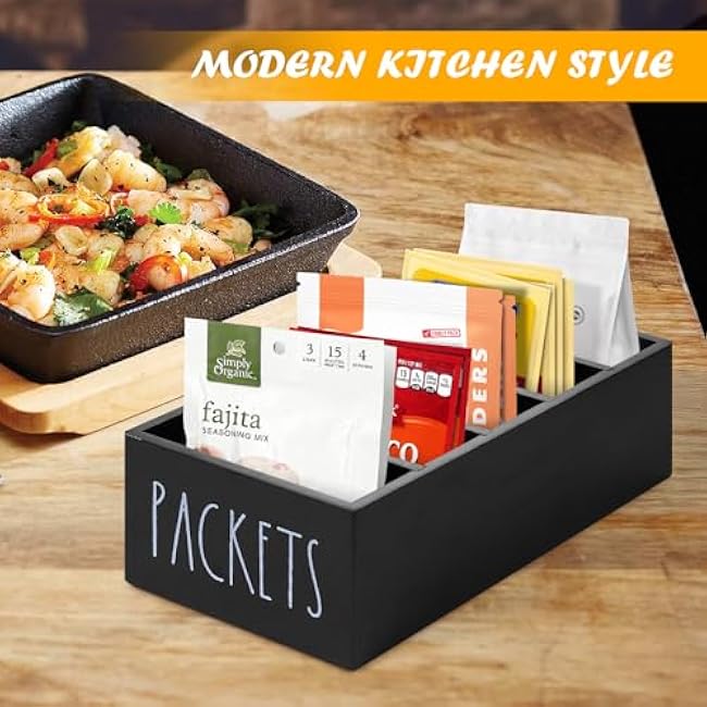 Seasoning Packet Organizer, Spice Packet Storage Organizer with 5 Compartments, Wooden Food Packet Organizer, Caddy Storage for Kitchen Pantry Cabinet, Modern Kitchen Organization Bins(Black)
