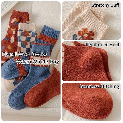 Image of Wool Socks for Women Thick Knit Vintage Cute Floral Crew Socks