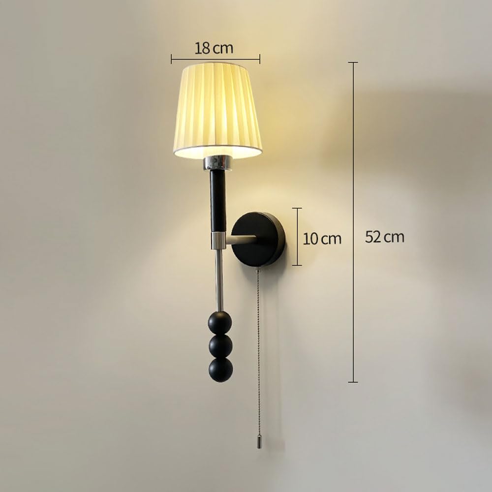 Applique da Parete Moderna in Tessuto con Interruttore a cordicella, Lampada da Comodino per Hotel, Applique da Soggiorno con Cablaggio Fisso, Paralume in Tessuto Bianco plissettat