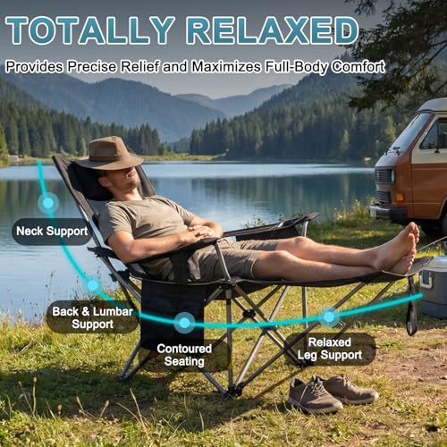 Image of Romswi 2Pack 4-Position Reclining Camping Chair with Removable Footrest, 2-in-1 Adjustable Portable Lounge Chair with Cooler Bag, Cup Holder, Side Pockets & Carry Bag for Outdoor, Mesh Black