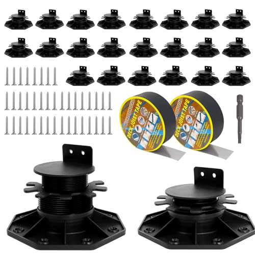 24 Pack Adjustable Deck Support Pedestal Kit, Deck Foundation Base, Height Adjustment 1-3/16' to 2-3/8', Plastic Deck Leveling Blocks with 48 Screws, 2 Tape & Screwdriver for Decks, Joists, Flooring