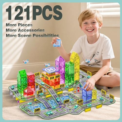 121PCS Magnetic Tiles Road Set with Pullback Cars. Magnet Tiles for Building Construction Toys with Ship, Airplane, Traffic Sign, STEM Magnetic Tiles for Kids Ages 4-8, Educational Gifts for Ages 3+ - Thumbnail 2