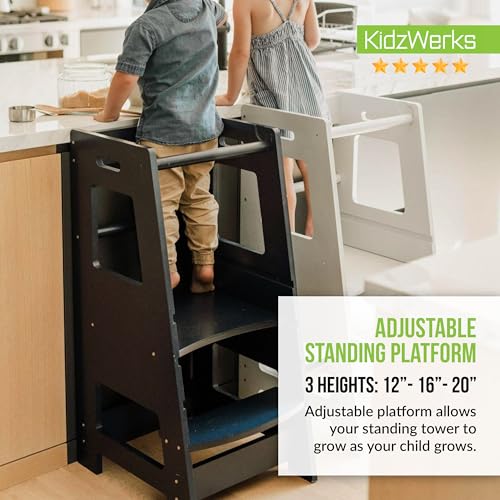 Image of Child Standing Tower Kids Kitchen Step Stool Toddler Wood Stepping Stool - Children's Montessori Stool - Adjustable Platform, Navy Blue