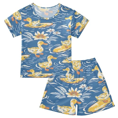 ALAZA Duck Surfboard Blossom Pajamas Short Sleeve 2 Piece Sleepwear Top and Bottom Pajama Set Unisex