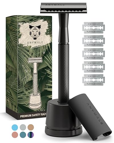 ANYMALE Rasierhobel Herren (Black Edition) inkl. 5 x Ersatzklingen-Set & Ständer - Nassrasierer & Männer Rasierer (Zero Waste) Metall mit 5 Klingen - Herrenrasierer & Klingenrasierer Safety Razor