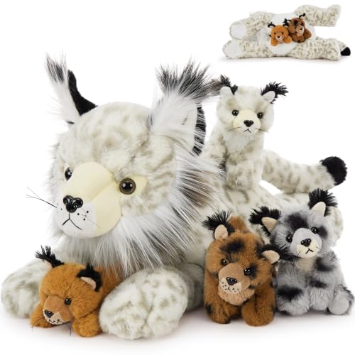 MorisMos Giant Lynx Teddy Soft Toy, 45cm Mom Lynx with 4 Cuddly Baby Inside, Big Fluffly Stuffed Animal, Realistic Large Kawaii Plushy Present for Kids Birthday Deco MorisMos Giant Lynx Teddy Soft Toy, 45cm Mom Lynx with 4 Cuddly Baby Inside, Big Fluffly Stuffed Animal, Realistic Large Kawaii Plushy Present for Kids Birthday Deco
