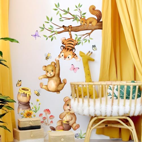 Bear & Tiger Wall Stickers for Nursery Watercolor Forest Animal Wall Decals with Squirrel, Bees & Honey