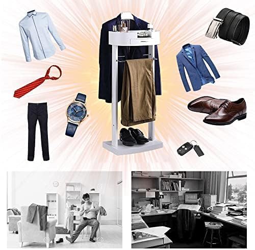 Solid Wood Suit Valet Stand with Drawer and Shelf Floor Standing Clothes Nizer for Office and Bedroom Brown Wood Finish,White