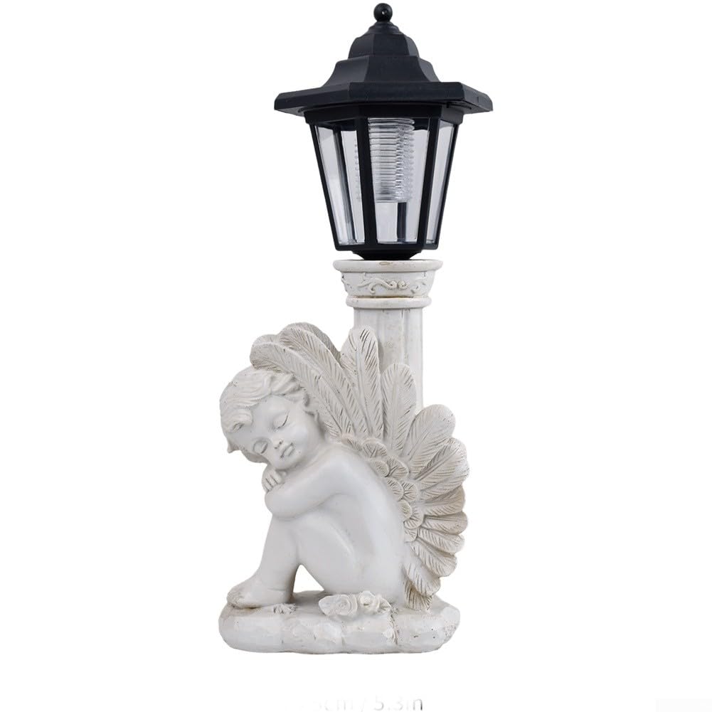 Estatua de ángel solar, luz conmemorativa de jardín de resina alimentada por energía solar, diseño de columna romana antigua para decoración de patio al aire libre (ángel de rodilla derecha)