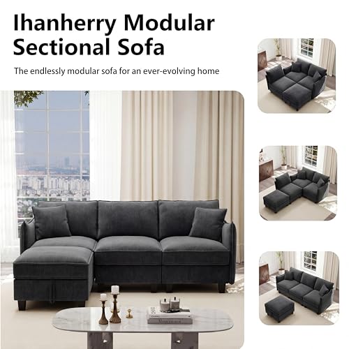 Image of Ihanherry 85.8 inch Modular L-Shaped Sectional Sofa, Modern 4-Seat Cloud Couch with Storage Ottoman, Comfy Chenille Convertible Furniture Set for Living Room, Apartment, Easy Assembly, Black