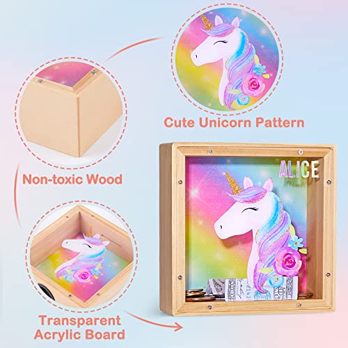 Image of ICOSY Piggy Bank for Kids, Wooden Framed Coin Bank | Personalized Money Box for Kids with DIY Name Alphabet Stickers and Clear Acrylic Window for Money Saving