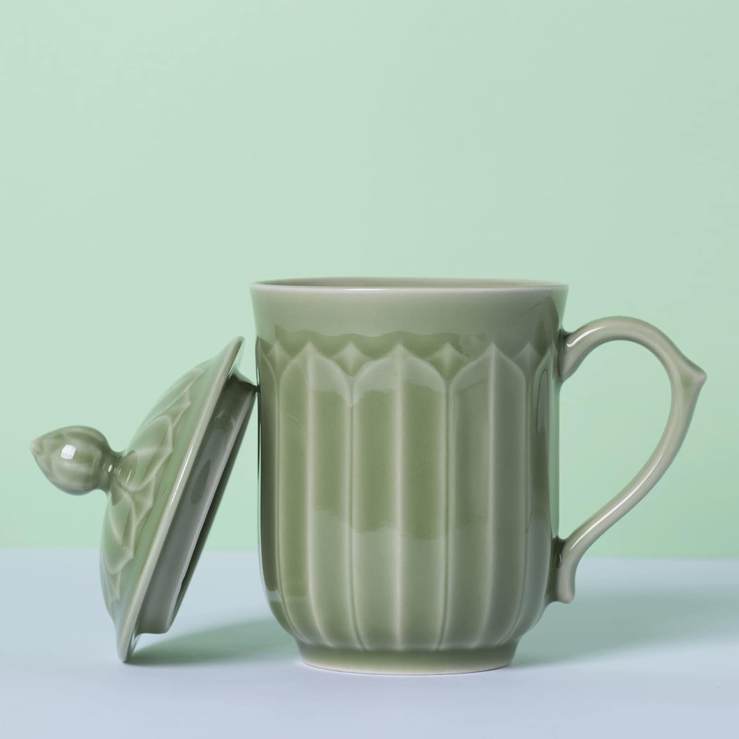 Porcelain Lotus Tea Cup with Lid and Handle, 12 oz Unique Coffee Mug, Microwave Dishwasher Safe, Gifts for Women and Men, Aesthetic Chinese Celadon 1 Pack (Kiwi Green) - Image 4