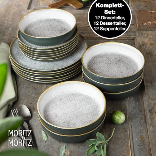 Moritz & Moritz TERRA 36-tlg Geschirrset 12 Personen - Teller Set in dezentem Grau aus hochwertigem Porzellan - Geschirr Set 12 Personen aus je 12x Speiseteller, Dessertteller und Schalen