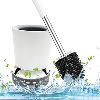 Toilet Brush with Drainage Holder Set,Flex Silicone Anti-Clog Anti-Drip Brush Head, White/Grey Colour with Stainless Steel Handle, 1-Pack with Diatomite Drying Pad