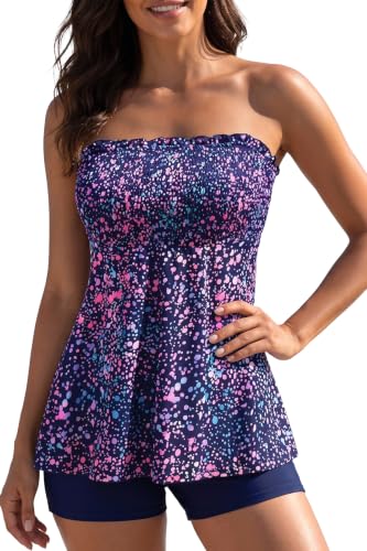 Yonique Bandeau Tankini with Shorts - Strapless Two Piece Swimsuit with Pockets Flowy Bathing Suit 2026 Swimwear Starry Sky L