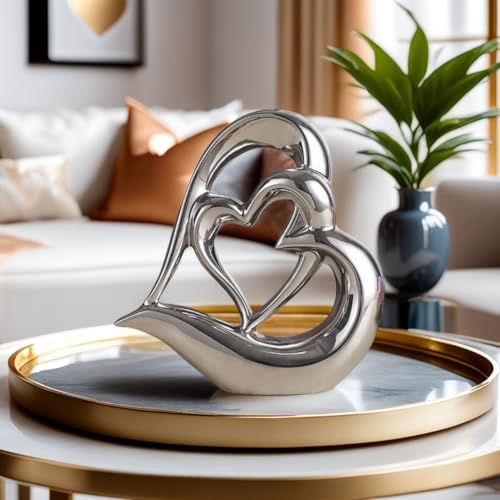 Dubbel hart keramisch beeldje, elegant hart voor decoratie, decoratieve sculptuur voor thuis, woonkamer, kantoordecoratie, geschikt als cadeau (zilver D) - Afbeelding 6