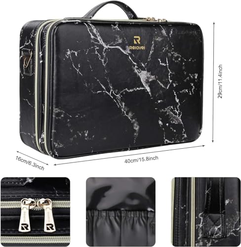 Image of Adson Large Makeup Bag 3 Layers Professional Train Cosmetic Bag Makeup Organizer Case Artist Storage Brush Box with Adjustable Dividers and Strap for Makeup Accessories (Marble Jet Black)