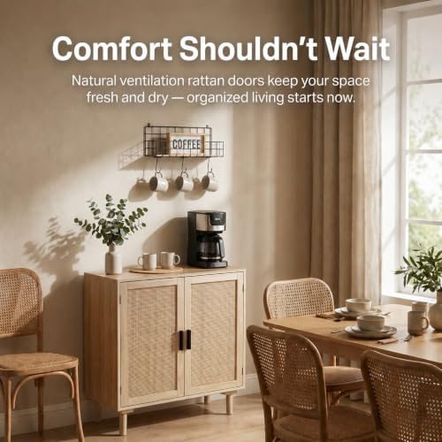 Finnhomy Sideboard Buffet Cabinet, Kitchen Storage Sideboard with Rattan Decorated Doors, Liquor Coffee Buffet, Dining Room, Hallway, Console Table, Accent Cabinet, 31.5X 15.8X 34.6 Inches, Natural