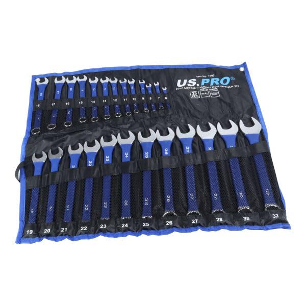 US PRO Metric Combination Spanner Set, 25-Piece, 6-32mm, with Rubber Grips and Storage Pouch