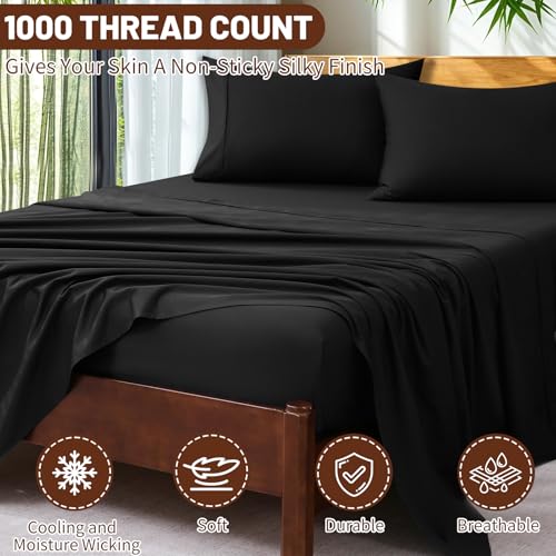 Image of Extra Deep Pocket Queen Sheets 18-24 Inch 100% Egyptian Cotton 1000 Thread Count Sateen Weave Soft Breathable 4 Pieces(Queen,Black)