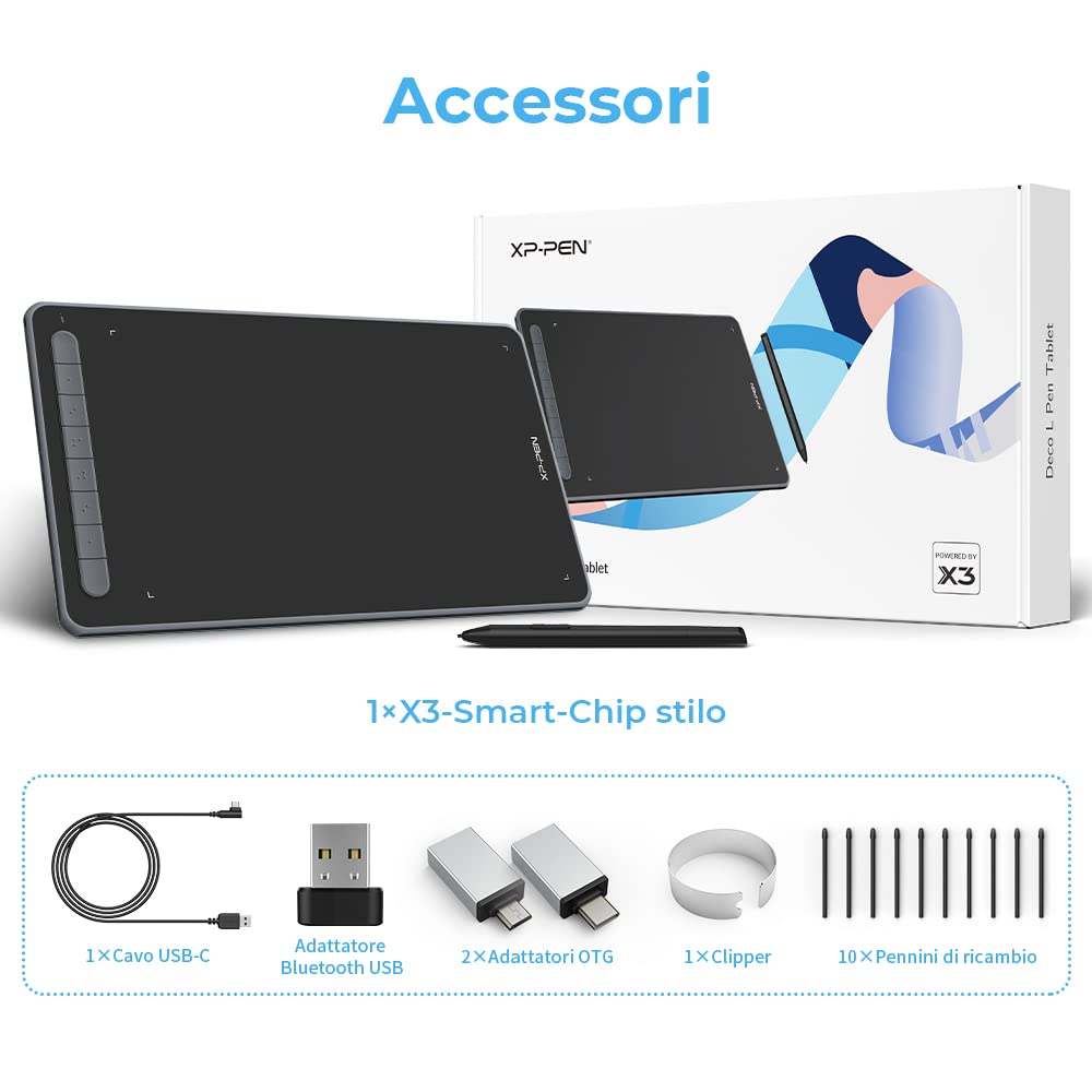 XP-PEN Deco LW Tavoletta grafica Bluetooth, 10"x6" Wireless con X3 Smart Chip, 60° Tilt con penna senza batteria (Nero)