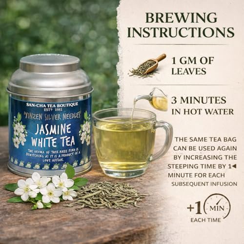 Image of Sancha Tea Boutique, Jasmine White Tea, 25g Silver Needle White Tea Buds, Chinese White Tea with Jasmine Blossoms, Rare Floral Loose Leaf Tea