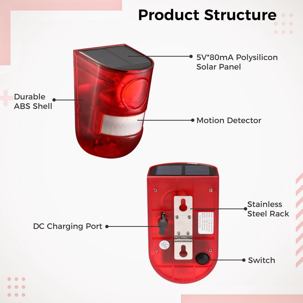 Luz de sirena de seguridad impermeable al aire última intervensión, luces de alarma solares con detector de movimiento, 3 piezas, 6 luces LED rojas intermitentes y sirena de 129 Db, 4 modos de luz de