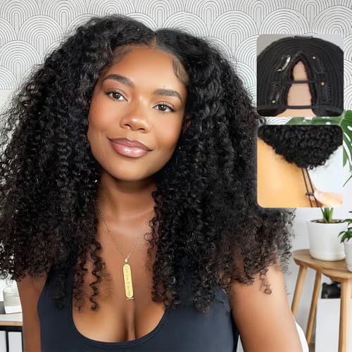 mscoco V Part Wig Human Hair Kinky Curly Glueless Wigs Human Hair Clip In Upgrade U Part Human Hair Wig with Drawstring 180% Density Natural Black 18inch