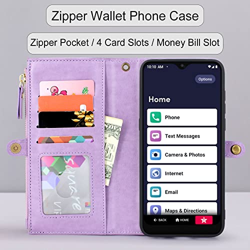 Lacass Premium Leather Flip Zipper Wallet Case Cover Stand Feature With Card Holder And Wrist Strap For Jitterbug Smart 3 / Jitterbug Smart3 Phone (Aka Lively Smart 2021)(Floral Light Purple) #TOP1