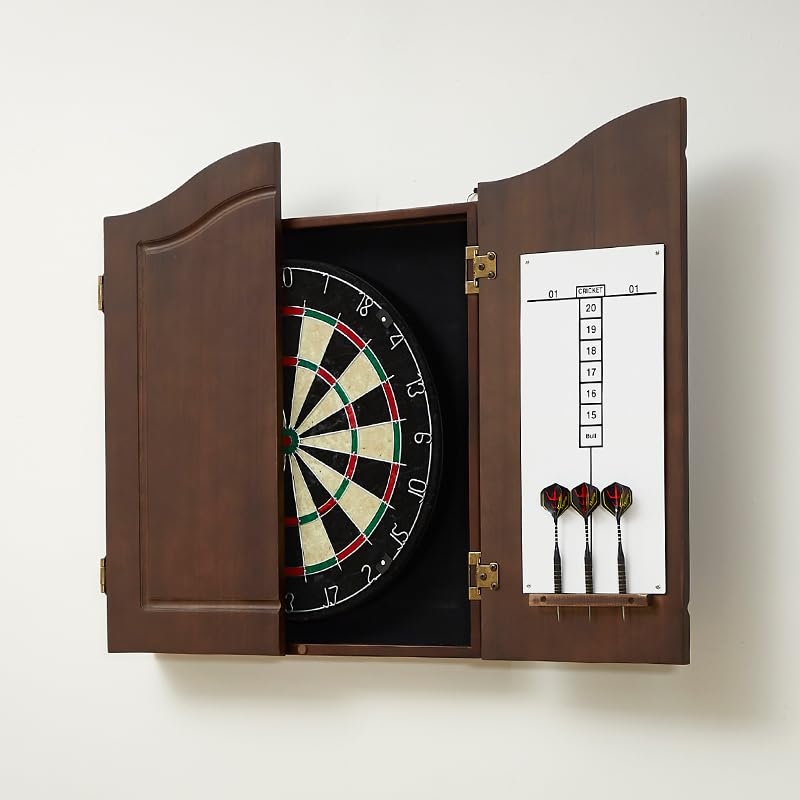 Image of RUP Solid Wood Cabinet Set with 18 Inch African Sisal Dartboard & 6 Metal Darts | Professional Bristle Dart Board | Wall Mounted Indoor Game for Home, Office & Bar (Dartboard with Cabinet)