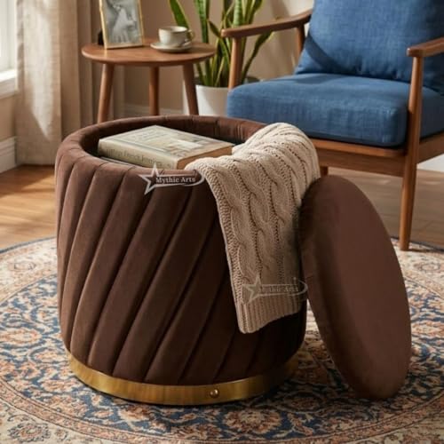 Image of Mythic ArtsRound Upholstered Sitting Stool & Footrest Velvet Storage Ottoman Pouffe13 X 13X 16 inch | Versatile Puffy for Living Room, Bedroom, and Office ? Chic Home Furnishings & Dcor Brown