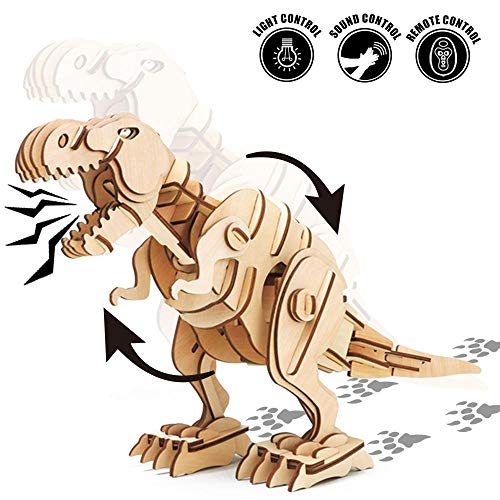 Stem Puzzles 3D Puzzle Dinosaurs Wooden Self-Build DIY Mechanical Puzzle Model Kit For Kids & Adults Laser-Cut Steam Punk Adult Brain Teaser 3-D Woodcraft Gift (Walking Biting Roaring T-Rex)