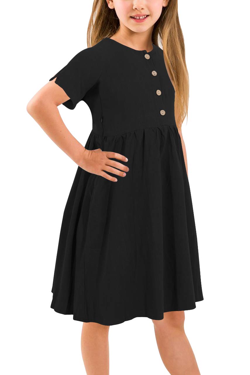 GORLYA Girl's Short Sleeve Button Up Pleated Waist Loose Casual Linen Midi Dress with Pockets for 4-12 Years Kids