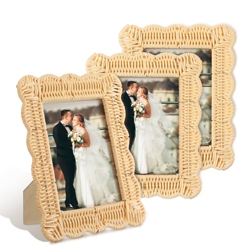 CroBlissful 3 Pcs Scalloped Wicker Weave Rattan...