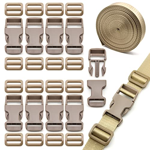 Eviznbou 10 m cinturino in nylon da 25 mm con 10 fibbie in plastica, 20 clip di plastica per cintura, per zaino, fai da te, artigianato, tenda, zaino per bambini, collare per cane, Colore del Fango