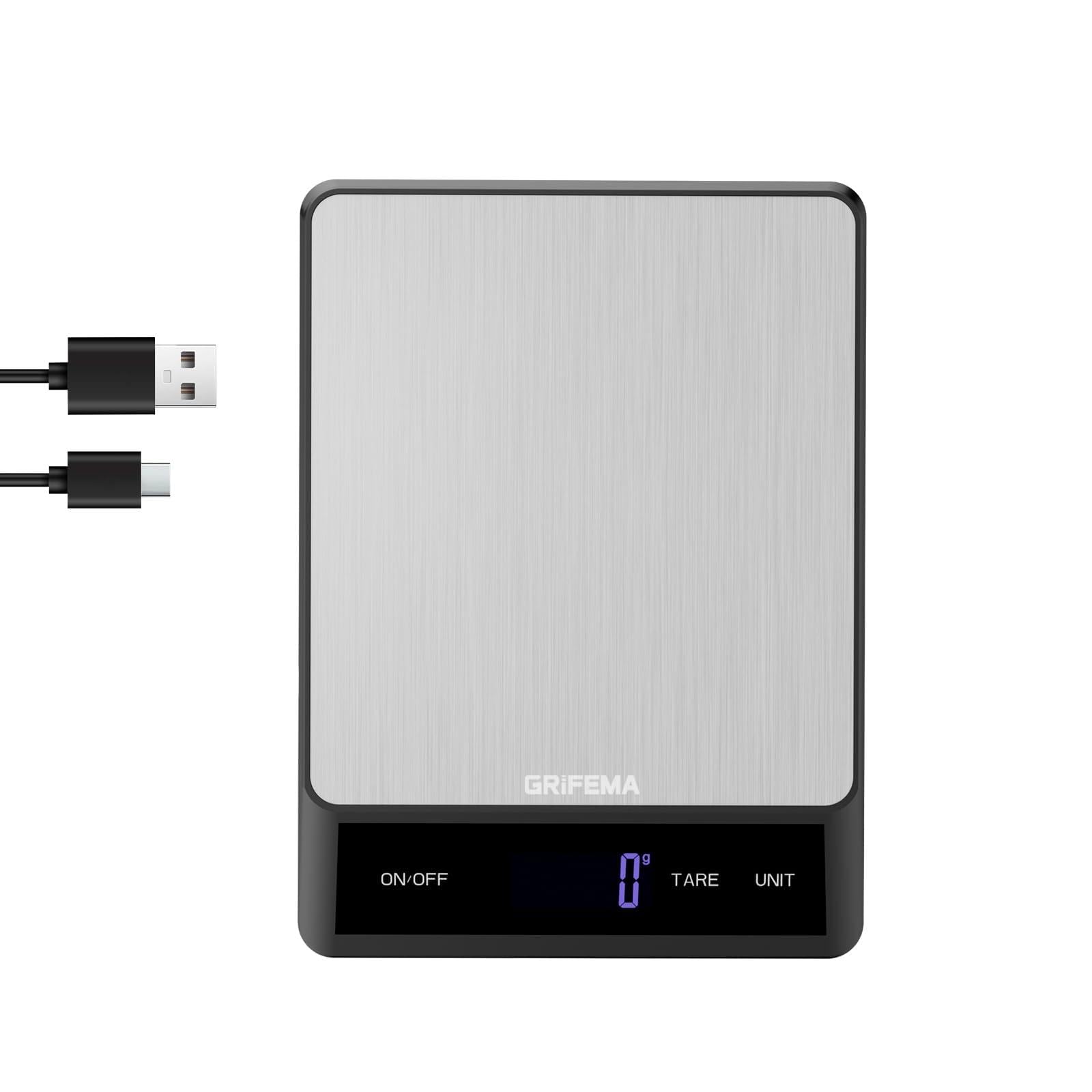GRIFEMA GA2008-1, Bilancia da cucina ricaricabile, Bilancia multifunzione per alimenti in acciaio inossidabile, 5 kg/11 lb
