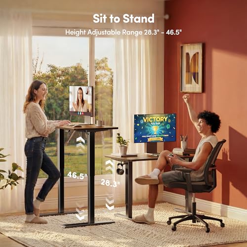 Image of FEZIBO Standing Desk, 55 x 24 Inches Electric Height Adjustable, Sit Stand Up, Computer Office Desk with Splice Board, Black Frame /Rustic Brown TOP