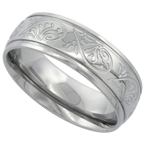 Sabrina Silver Surgical Stainless Steel 7mm Scrollwork Wedding Band Ring Engraved Comfort fit Size 8