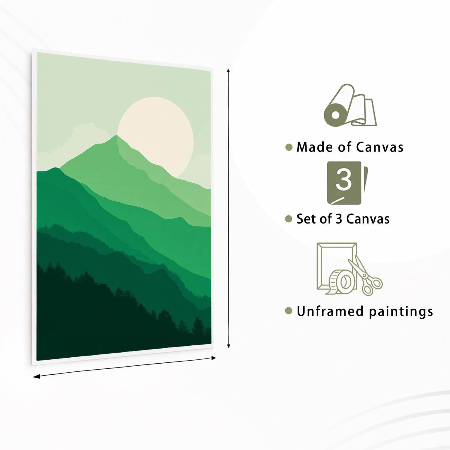 Cuadro decorativo decorativo de pared natural, paisaje de 40 x 50 cm cada uno, arte de pared para salón, dormitorio, entrada o oficina, sin marco, decoración póster de pared, verde oliva gradiente