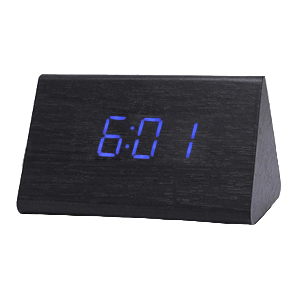 VORCOOL Modern Triangle LED Wooden Alarm Clock Digital Sound Control Desktop Clock Thermometer (Black Wood and Blue Light)