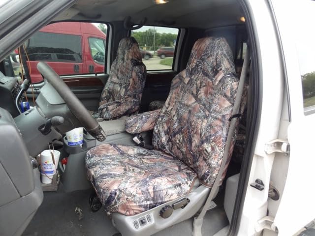 Durafit Seat Covers Made to fit 2002-2010 F250-F550 Front High Back Bucket Seats with Molded Headrests and Squared Shoulders. Made in XD3 Camo Endura.