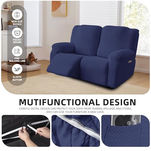 Image of Genina Recliner Loveseat Covers, Stretch Reclining Sofa Covers, 2 Seater Couch Cushion Stripe Jacquard Recliner Slipcovers - Furniture Protector Covers for Pet Kid (Navy Blue)