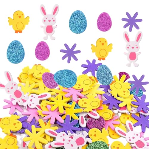 200 Stück Osteraufkleber, Aufkleber Ostern, Glitzer Moosgummi Sticker Kinder, Ei Hasen Küken Blumen Aufkleber für Ostern zum Basteln,Geschenke