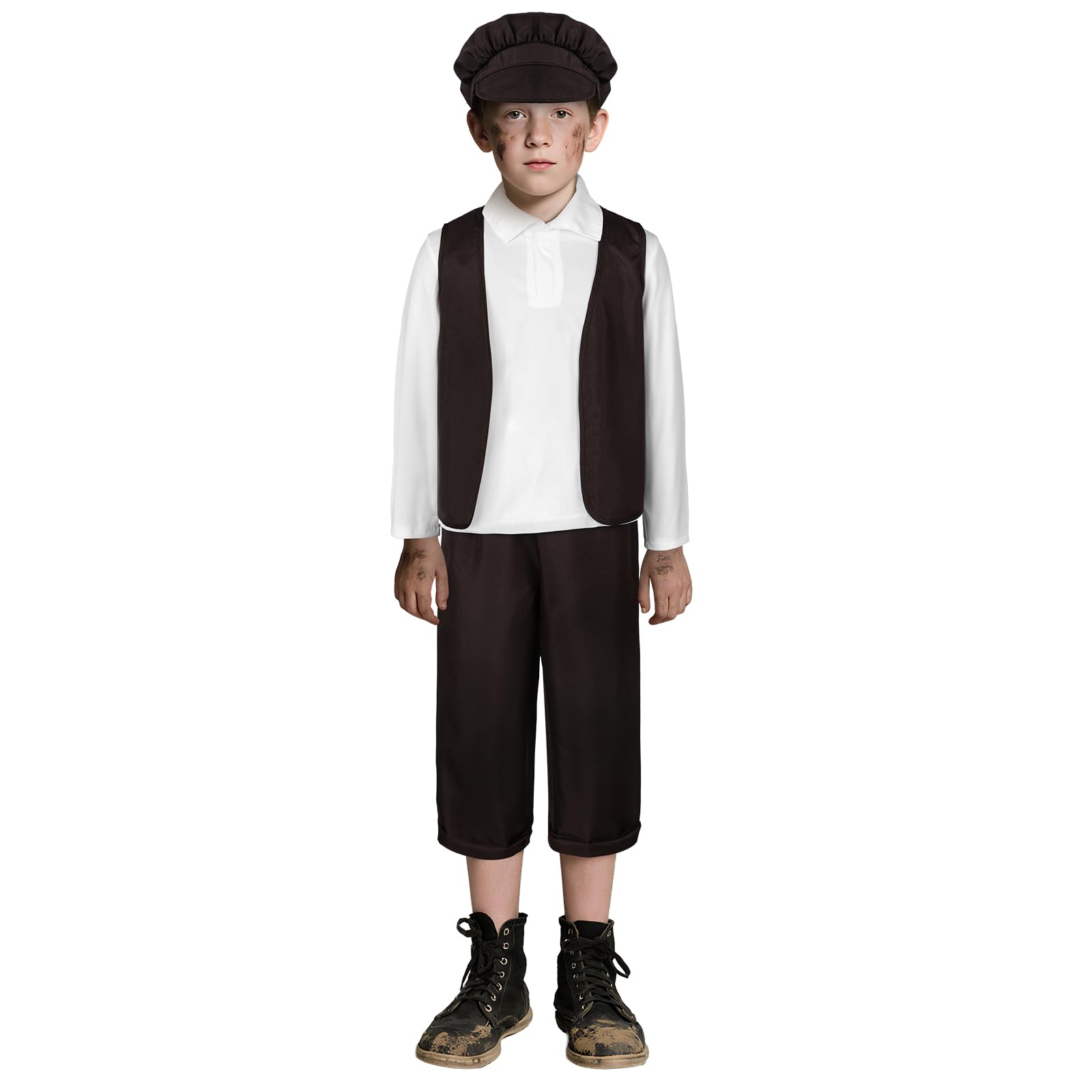 DiULi Children’s Victorian Boy 4 Piece Set Vest Hat Pants Shirt,himney Sweep Costume for Children,Boys Victorian Costume for World Book Day & School Play Outfit,Child Dress Up Costumes,L Dark Brown