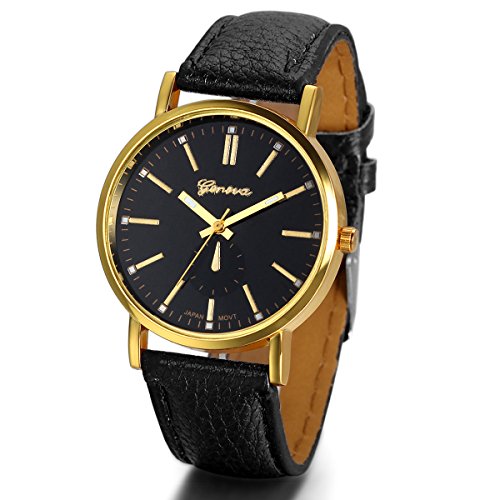 JewelryWe Herren Damen Armbanduhr, Einfach Klassiker Business Casual Analog Quarz Schwarz Leder Armband Uhr mit Schwarz Zifferblatt & Gold Gehäuse