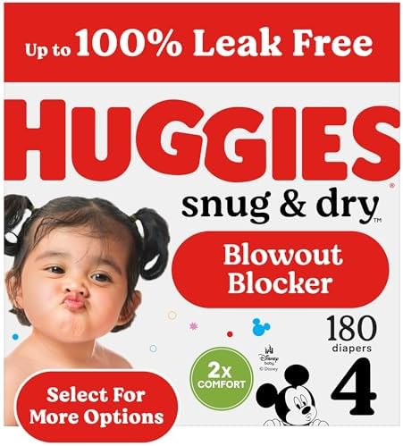 Huggies Size 4 Diapers, Snug & Dry Baby Diapers, Size 4 (22-37 lbs), 180 Count (6 Packs of 30), Packaging May Vary